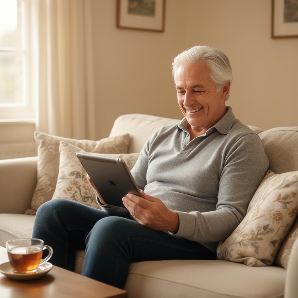 A relaxed older adult using a tablet at home